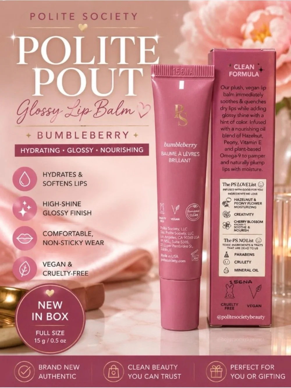 Polite Society Pout Glossy Lip Balm in Bumbleberry (violet Pink) NEW!